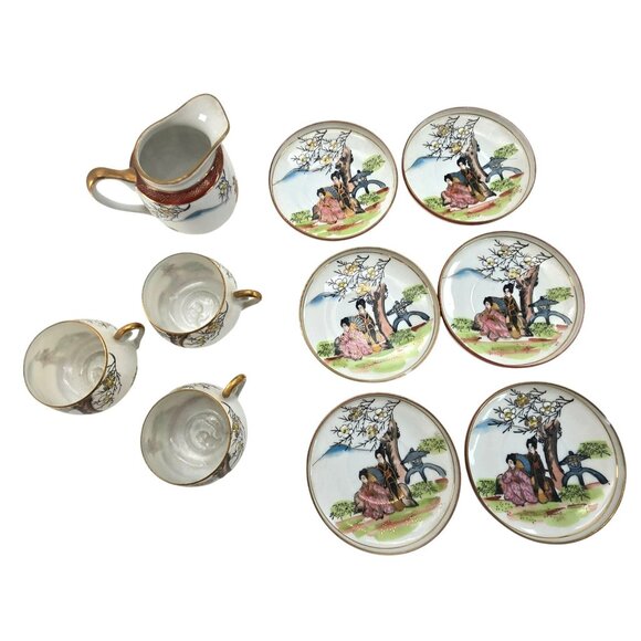 Antique Japanese Kutani Porcelain Tea Set Hand-Painted Geisha Floral Motif je105 - Picture 2 of 12